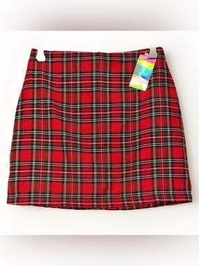 ROMWE Womens A-Line Mini Skirt Red Plaid Zip Closure Zipper Accent Size Large